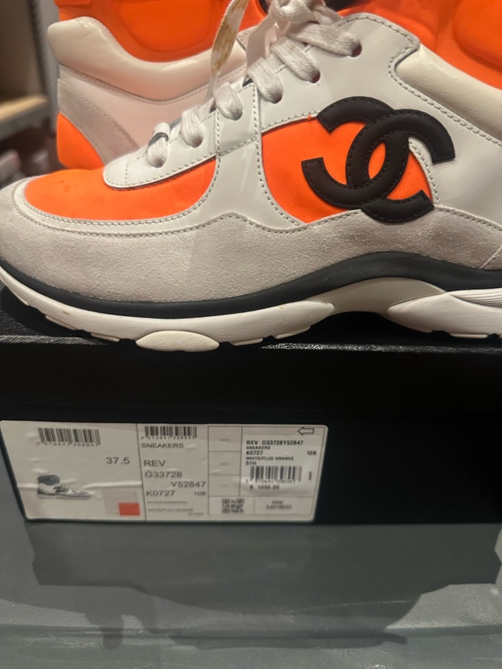 CHANEL Neon Orange and White CC Logo High-Top Sneakers - Picture 2 of 10